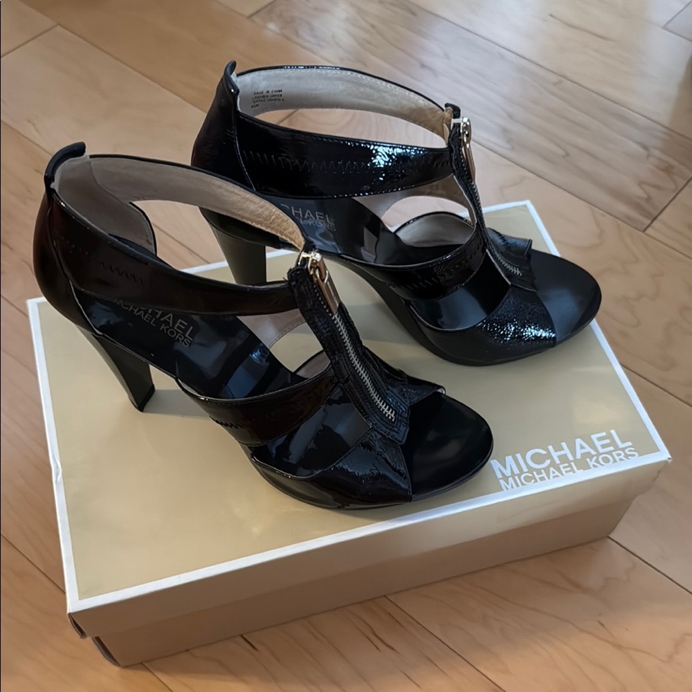 Michael Kors Black Strappy Heels with Glossy Finish